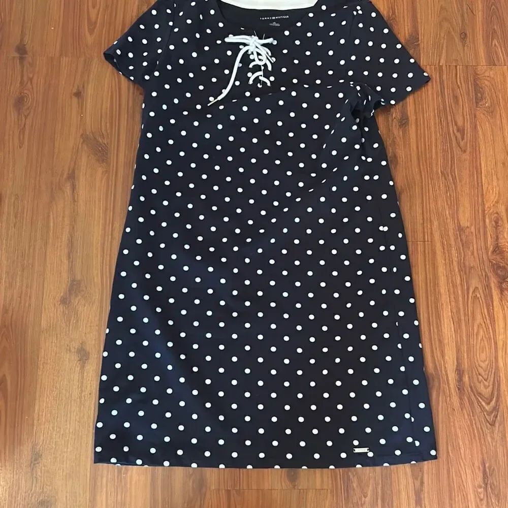 NWOT Tommy Hilfiger navy and white polkadot striped casual dress with lace up si
